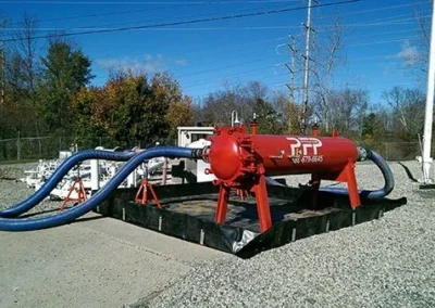 7-round high flow pre-filter vessel deployed on-site for industrial fluid filtration as part of a rental service