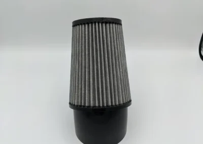 Rear view of clamp neck filter positioned at 45 degrees showing inlet/outlet configuration