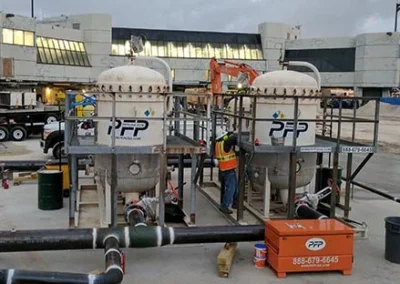 Fuel flushing skid in use at airport to clean and circulate jet fuel through filtration system