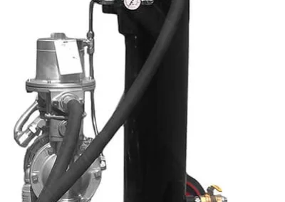 Side view of PFBC pneumatic filter bag cart showing filter housing, air lines, and mobile frame design
