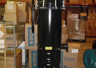 Multi-round hydraulic cartridge filter housing secured and staged for shipping
