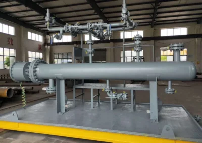 Horizontal heater skid system inside industrial facility for controlled fluid heating applications
