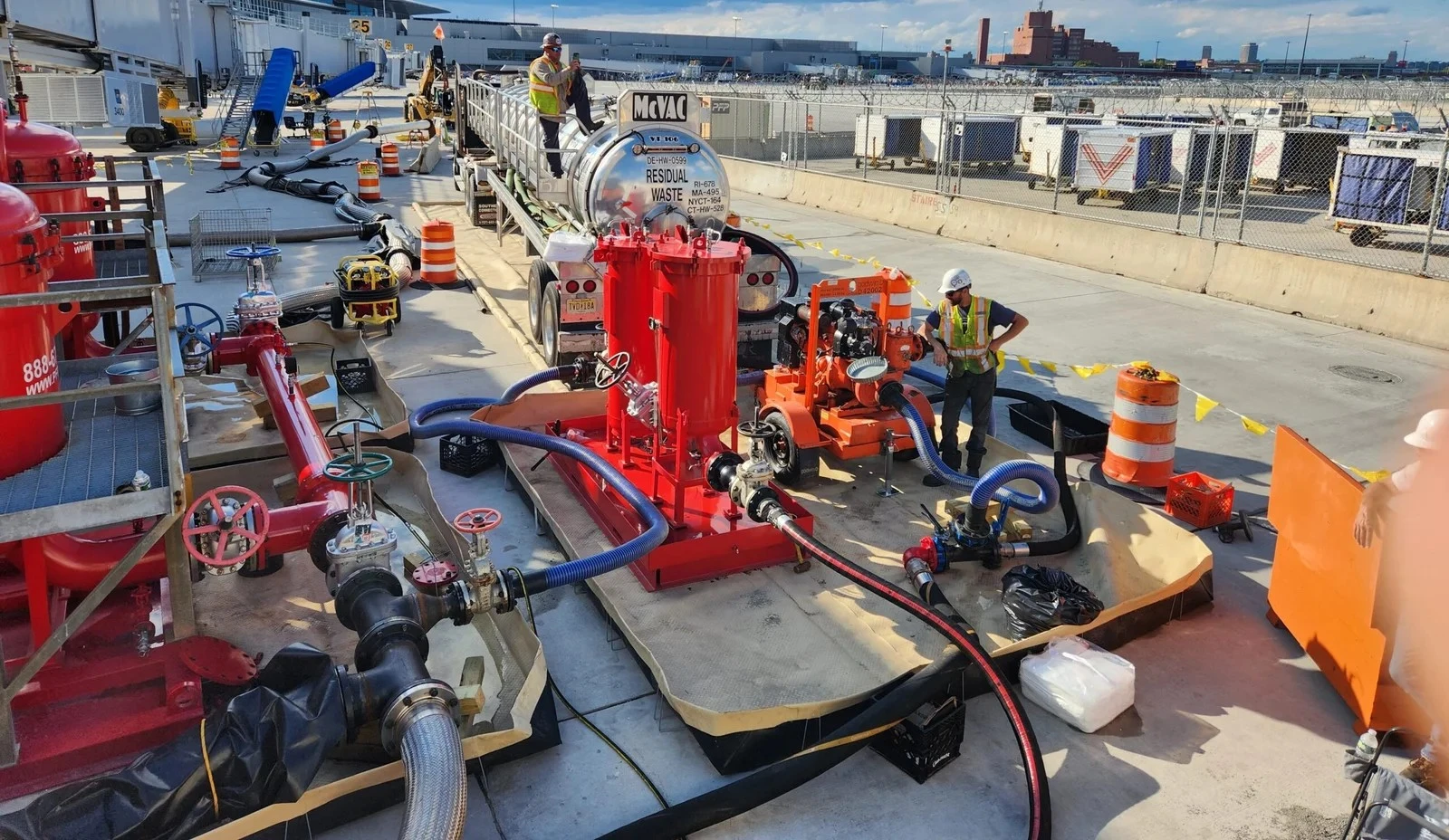 Airport Flushing Operation – Multiple PFP Filtration Systems Wide view of airport flushing job with multiple Precision Filtration Products systems in operation for high-volume fluid filtration